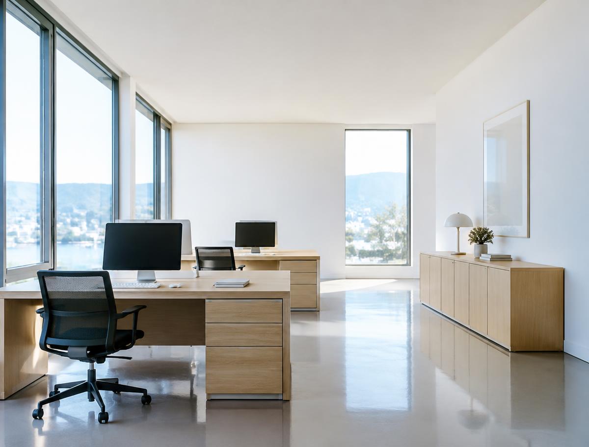 Sauberes, modernes Büro mit hellem Holzmobiliar